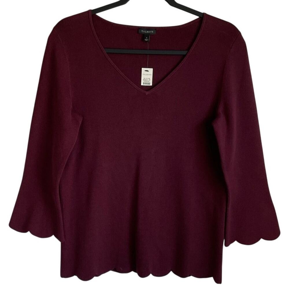 Talbots NWT Sweater V-Neck Scalloped Hem Cuffs Sz S Burgundy Career Preppy
